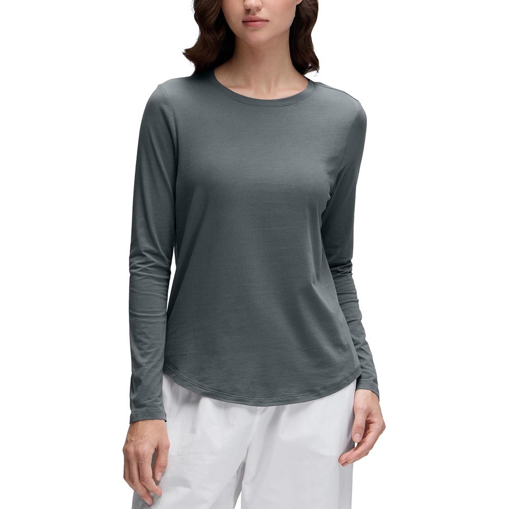 image:imageCRZ YOGA Pima Cotton Crewneck Long Sleeve Shirts for Women Workout Athletic Yoga Casual Tops Soft Plain TShirtLava Smoke Grey