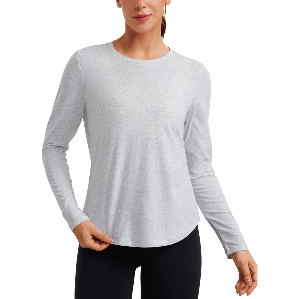 image:imageCRZ YOGA Pima Cotton Crewneck Long Sleeve Shirts for Women Workout Athletic Yoga Casual Tops Soft Plain TShirtLight Grey Heather