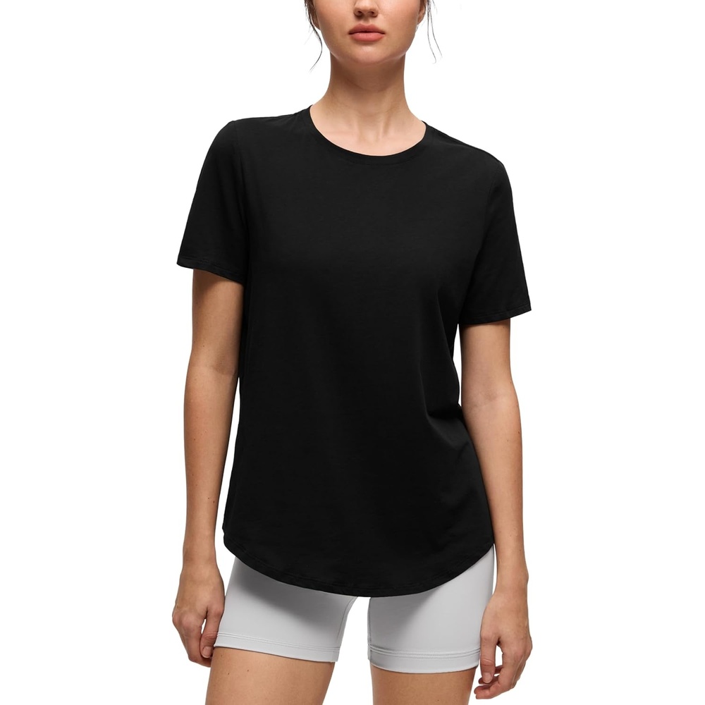 image:imageCRZ YOGA Pima Cotton Crewneck TShirts for Women  Workout Casual Yoga Athletic Short Sleeve Shirts Soft Crewneck Hip TopsBlack
