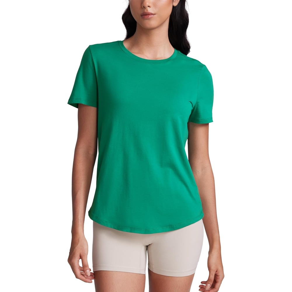 image:imageCRZ YOGA Pima Cotton Crewneck TShirts for Women Workout Casual Yoga Athletic Short Sleeve Shirts Soft Crewneck Hip TopsCascadia Green