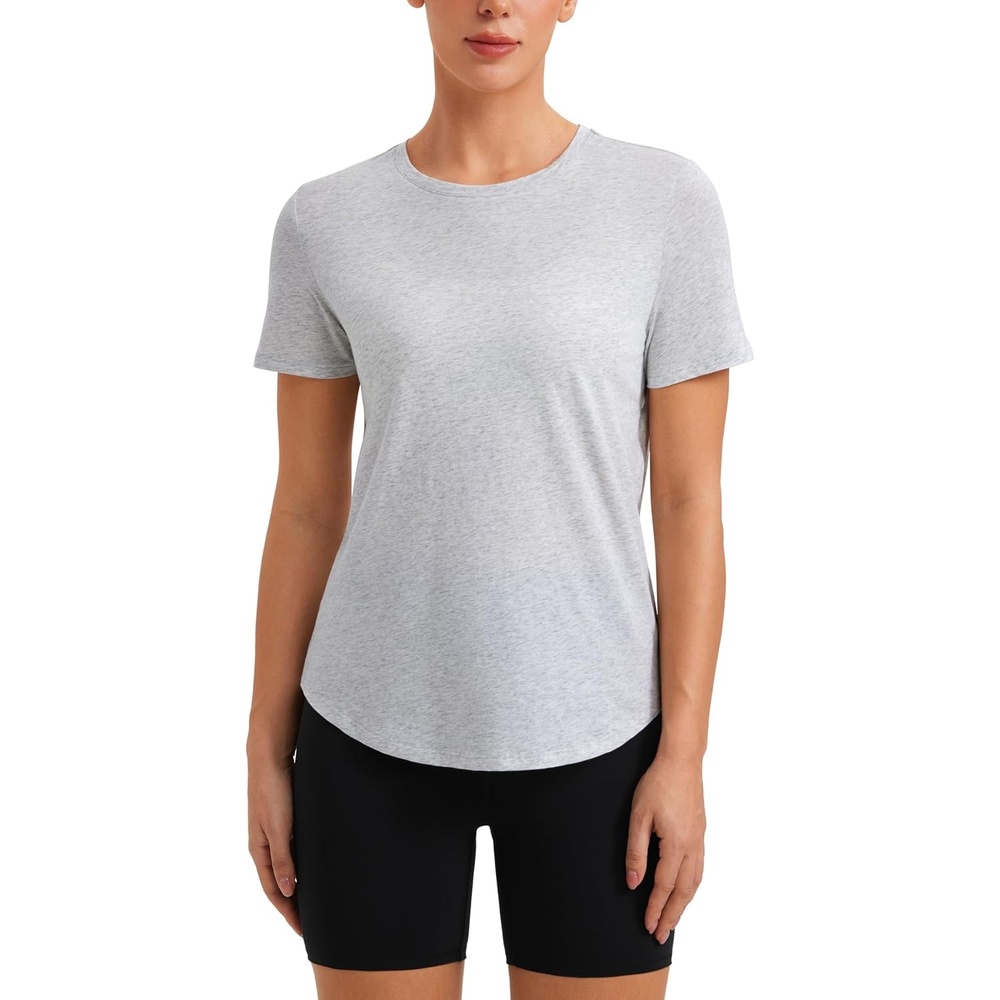 image:imageCRZ YOGA Pima Cotton Crewneck TShirts for Women Workout Casual Yoga Athletic Short Sleeve Shirts Soft Crewneck Hip TopsLight Grey Heather