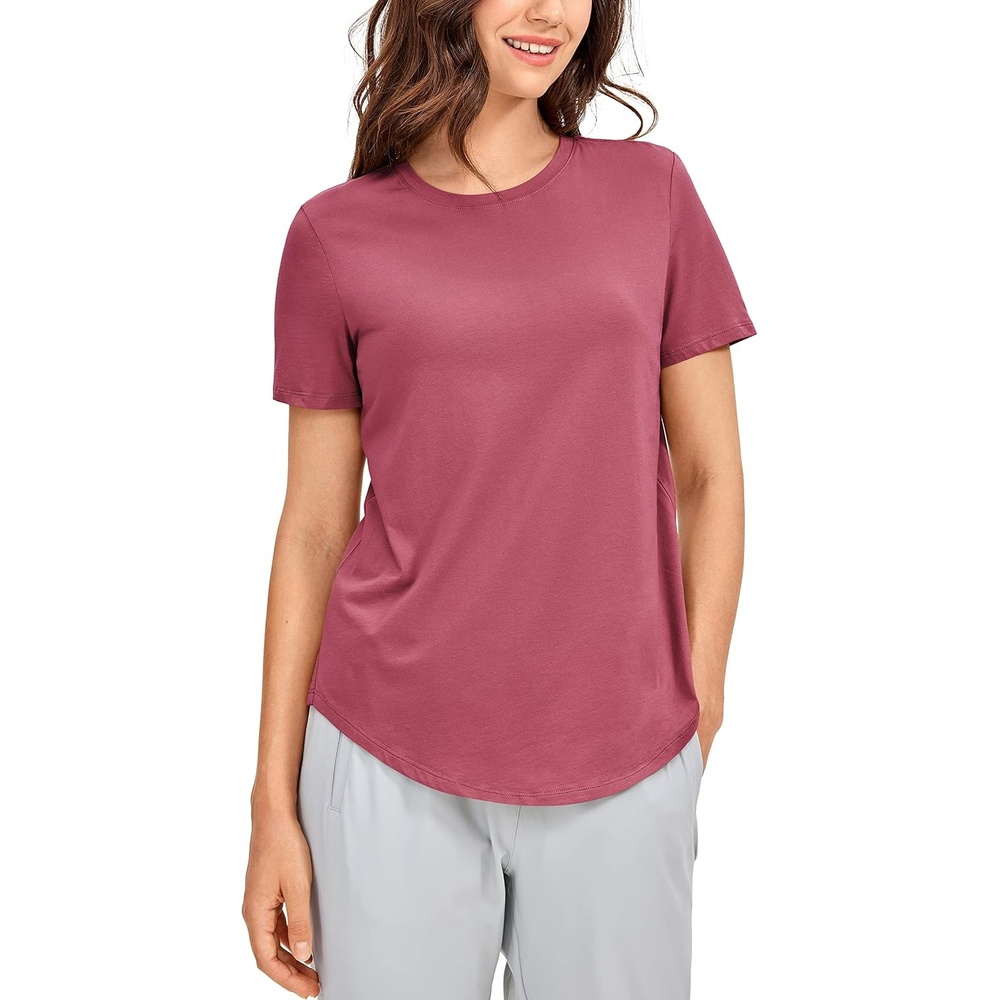 image:imageCRZ YOGA Pima Cotton Crewneck TShirts for Women Workout Casual Yoga Athletic Short Sleeve Shirts Soft Crewneck Hip TopsMisty Merlot
