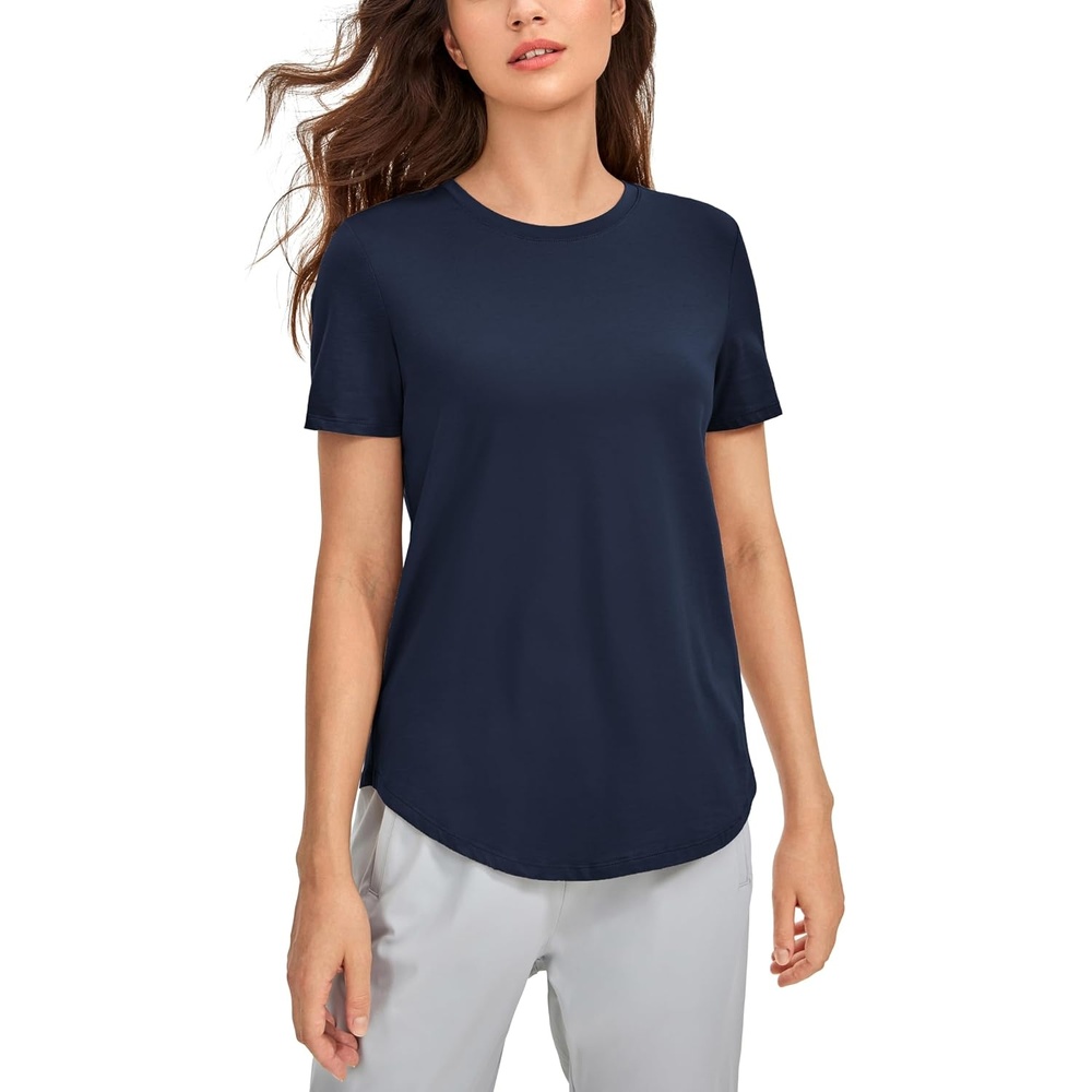 image:imageCRZ YOGA Pima Cotton Crewneck TShirts for Women  Workout Casual Yoga Athletic Short Sleeve Shirts Soft Crewneck Hip TopsNavy