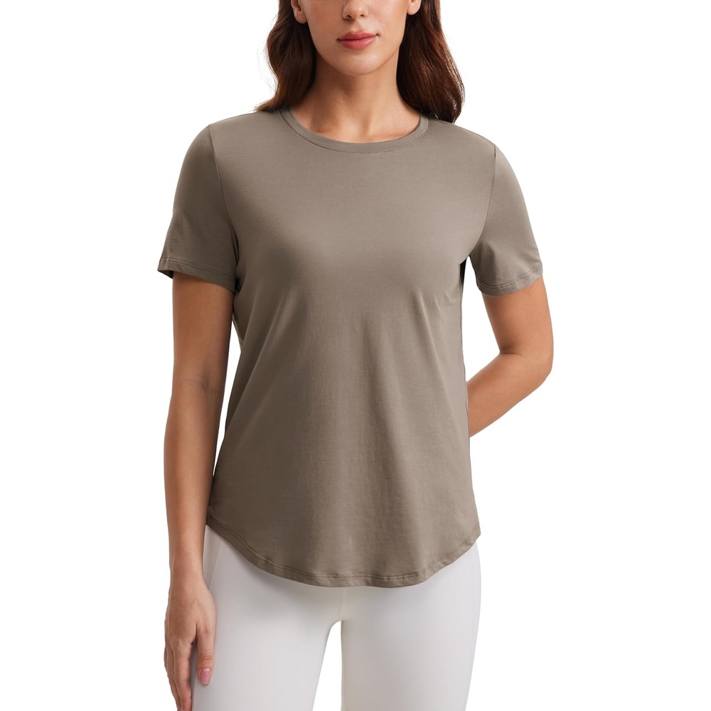 image:imageCRZ YOGA Pima Cotton Crewneck TShirts for Women Workout Casual Yoga Athletic Short Sleeve Shirts Soft Crewneck Hip TopsNomad Grey