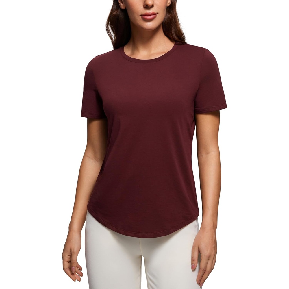image:imageCRZ YOGA Pima Cotton Crewneck TShirts for Women Workout Casual Yoga Athletic Short Sleeve Shirts Soft Crewneck Hip TopsRed Merlot