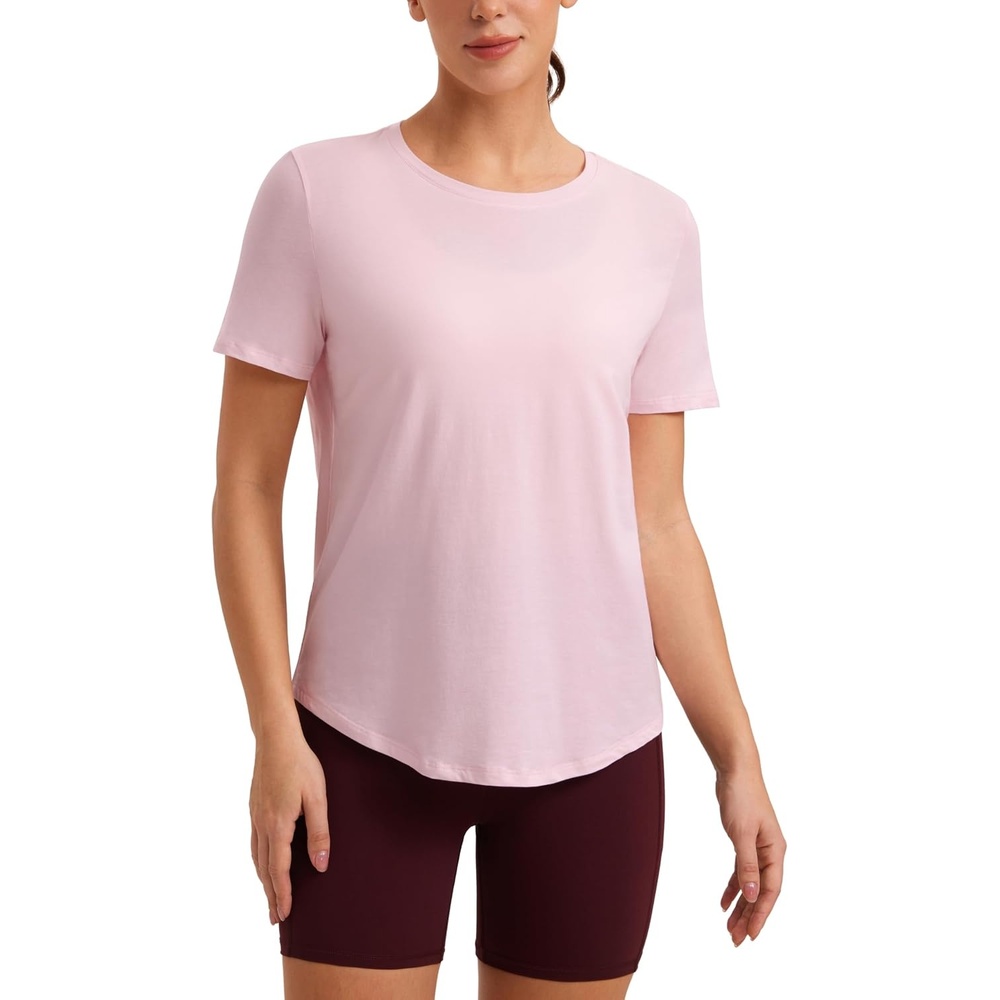image:imageCRZ YOGA Pima Cotton Crewneck TShirts for Women Workout Casual Yoga Athletic Short Sleeve Shirts Soft Crewneck Hip TopsStrawberry Pink