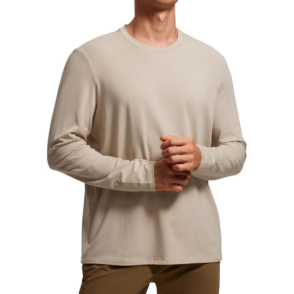 image:imageCRZ YOGA Pima Cotton Long Sleee Shirts for Men Casual Crewneck TShirts Breathable Workout Daily Basic Tee TopsMojave Tan