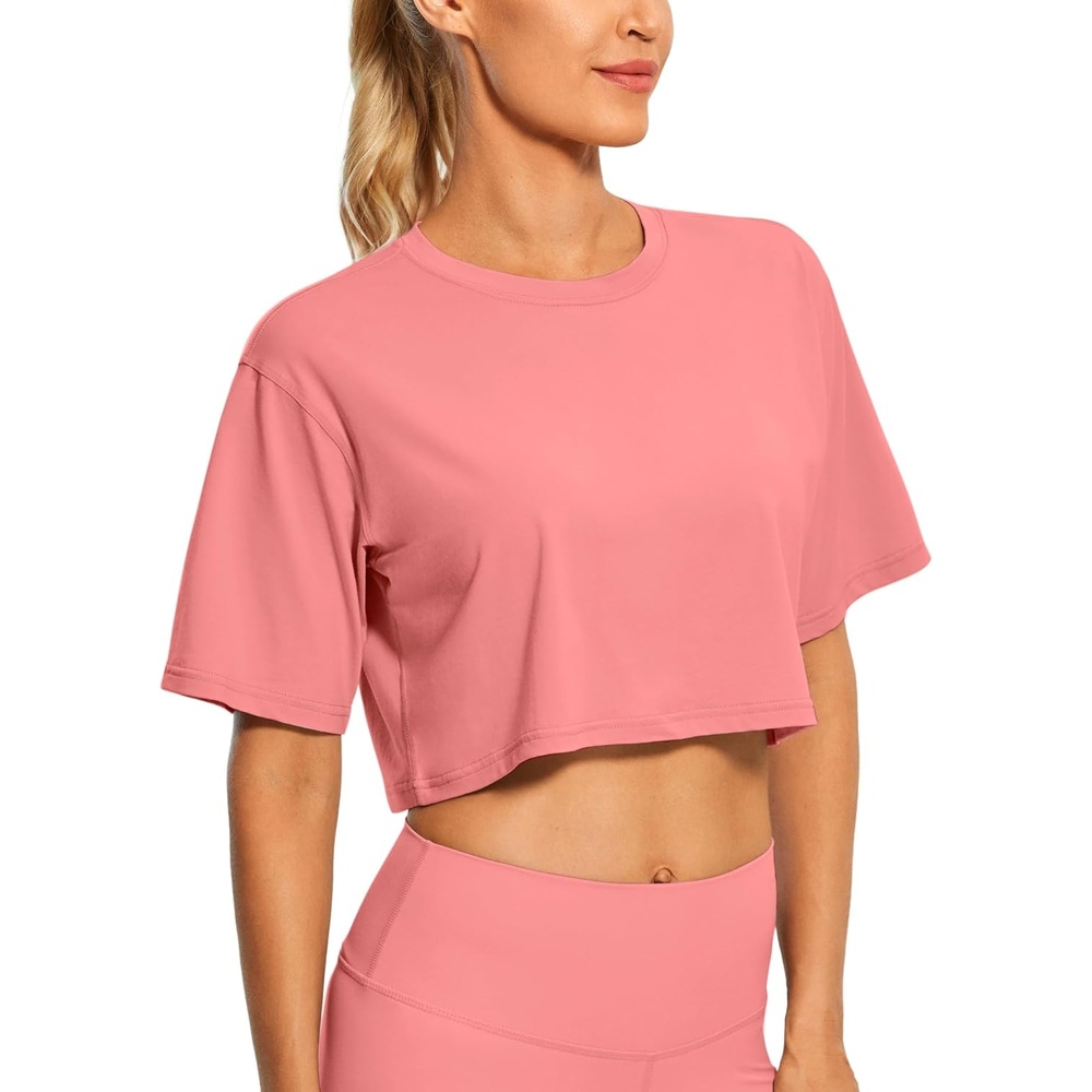 image:imageCRZ YOGA Pima Cotton Loose Crop TShirts for Women Workout Yoga Casual Athletic Running Short Sleeve Shirts Crewneck TopsBriar Rose