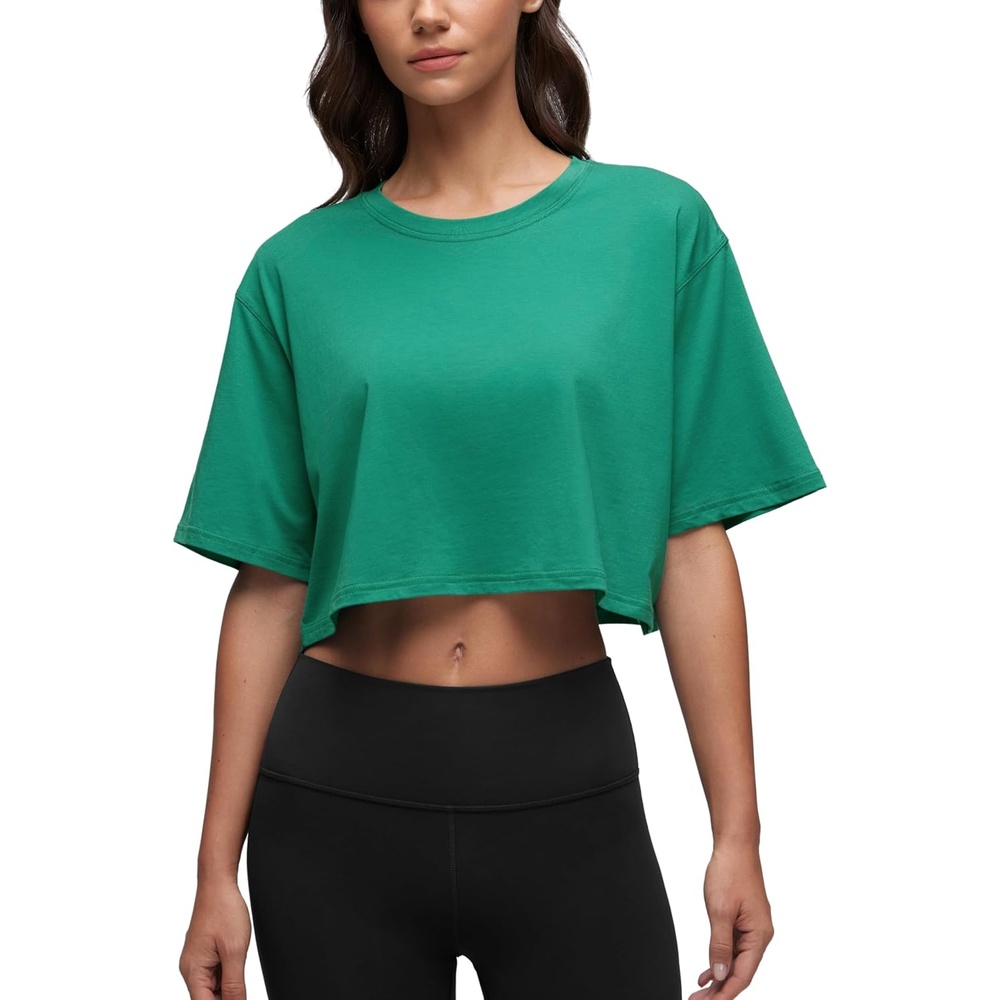 image:imageCRZ YOGA Pima Cotton Loose Crop TShirts for Women Workout Yoga Casual Athletic Running Short Sleeve Shirts Crewneck TopsCascadia Green