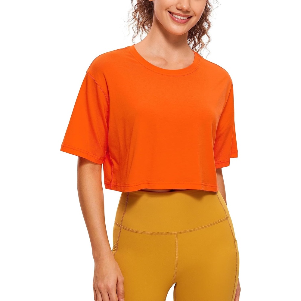 image:imageCRZ YOGA Pima Cotton Loose Crop TShirts for Women Workout Yoga Casual Athletic Running Short Sleeve Shirts Crewneck TopsCoral