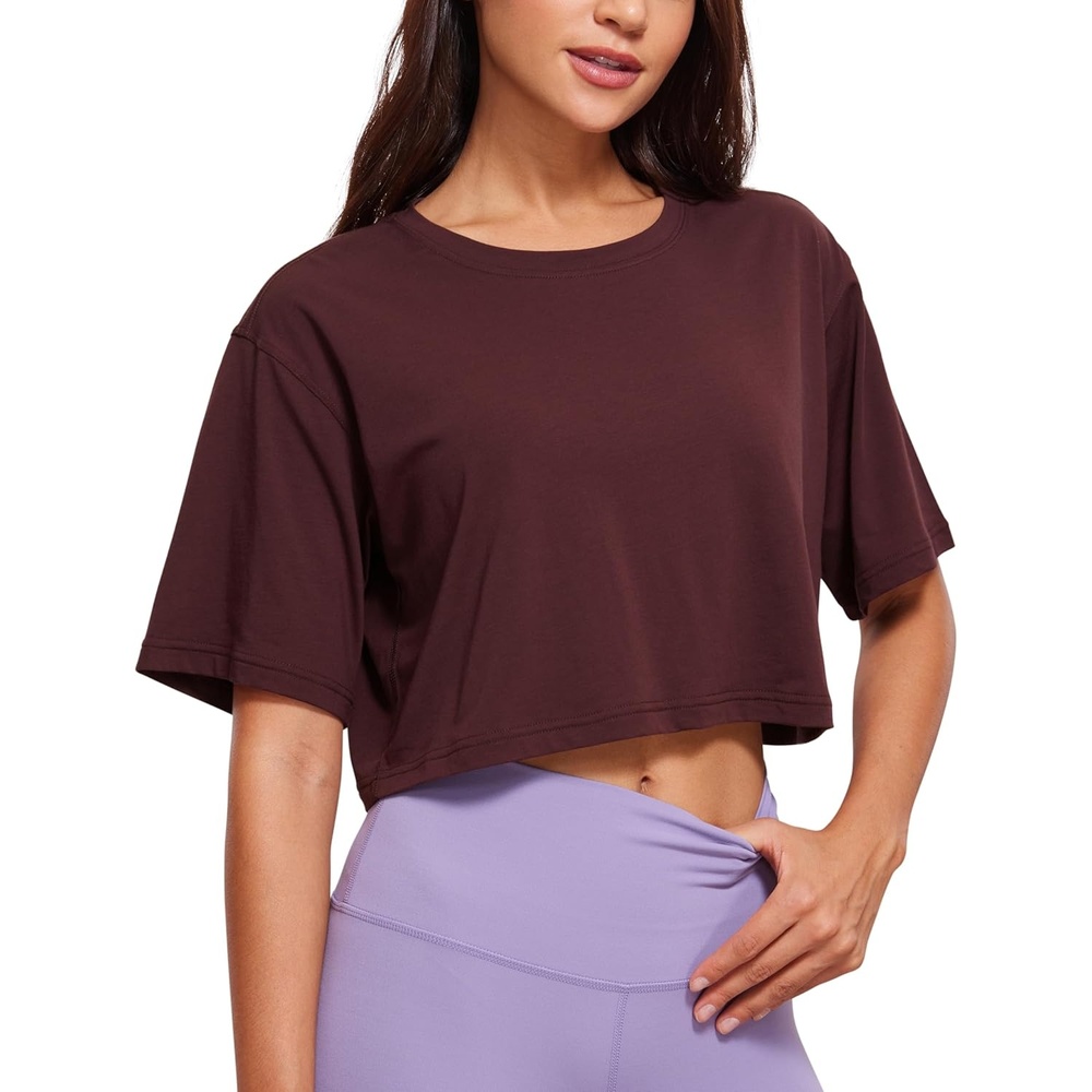 image:imageCRZ YOGA Pima Cotton Loose Crop TShirts for Women Workout Yoga Casual Athletic Running Short Sleeve Shirts Crewneck TopsDark Red