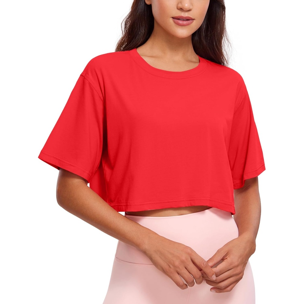 image:imageCRZ YOGA Pima Cotton Loose Crop TShirts for Women Workout Yoga Casual Athletic Running Short Sleeve Shirts Crewneck TopsDeep Red
