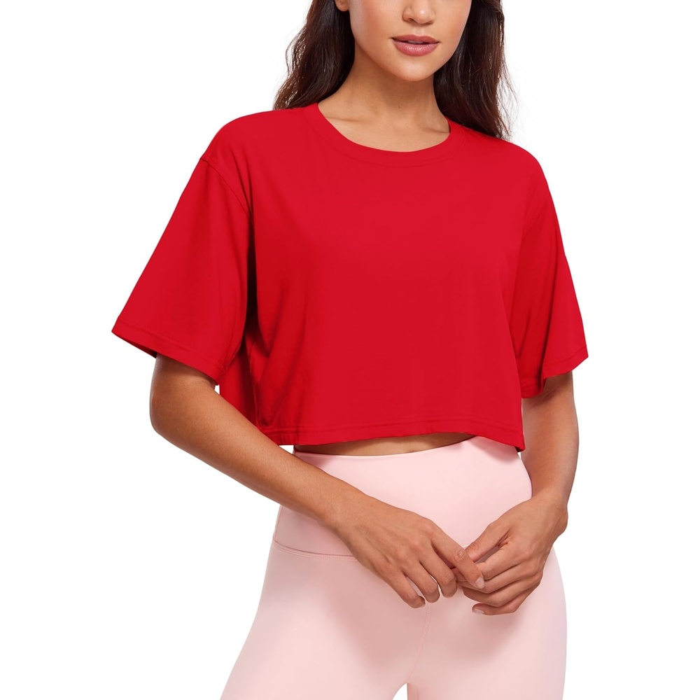 image:imageCRZ YOGA Pima Cotton Loose Crop TShirts for Women Workout Yoga Casual Athletic Running Short Sleeve Shirts Crewneck TopsFestival Red