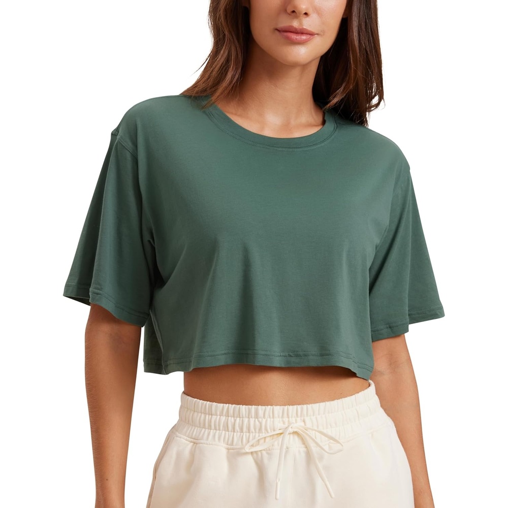 image:imageCRZ YOGA Pima Cotton Loose Crop TShirts for Women Workout Yoga Casual Athletic Running Short Sleeve Shirts Crewneck TopsGraphite Green