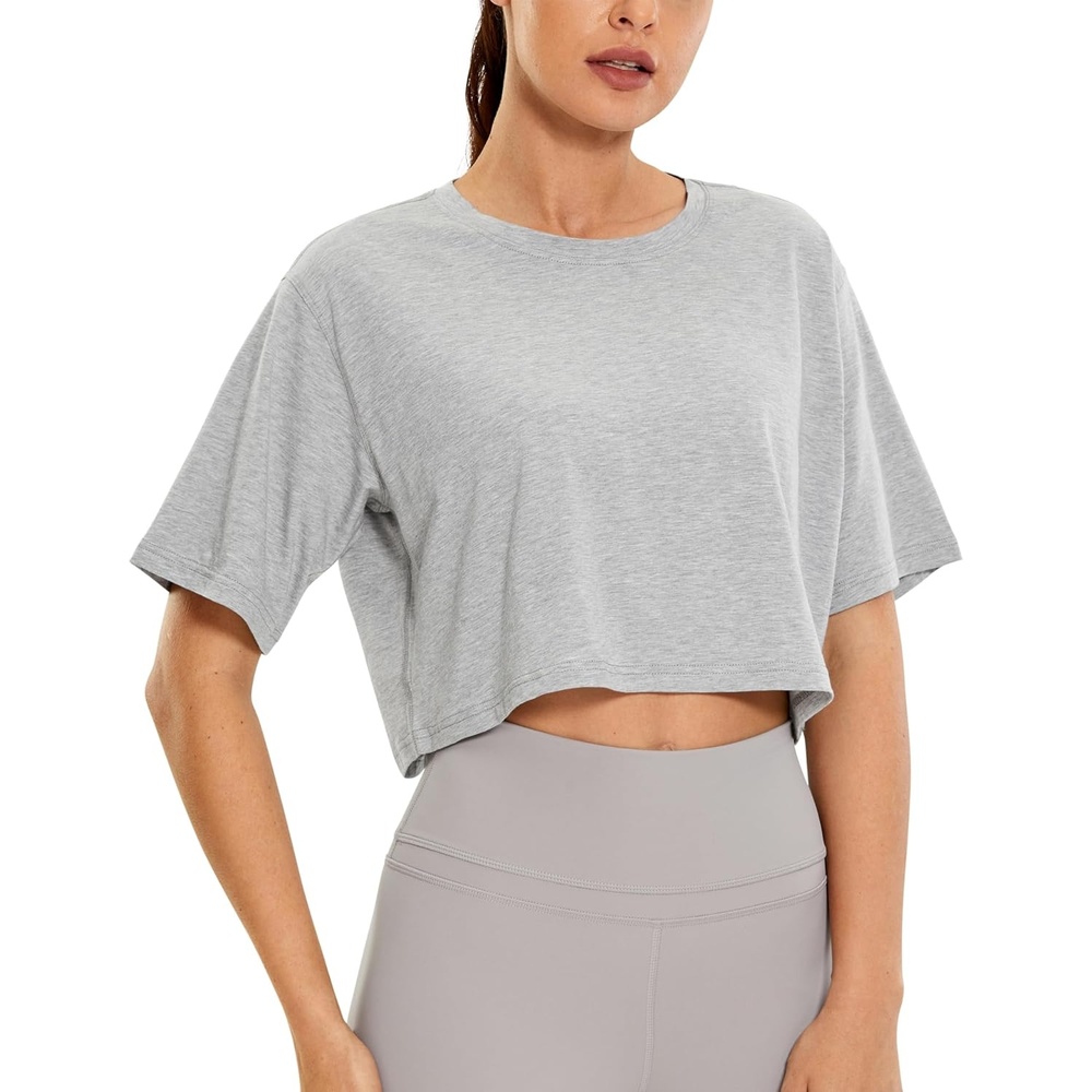 image:imageCRZ YOGA Pima Cotton Loose Crop TShirts for Women Workout Yoga Casual Athletic Running Short Sleeve Shirts Crewneck TopsHeathered Medium Grey