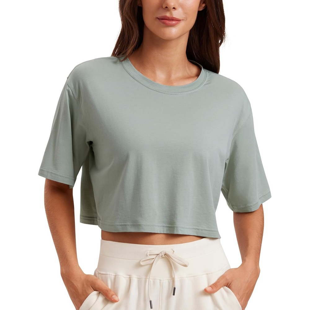 image:imageCRZ YOGA Pima Cotton Loose Crop TShirts for Women Workout Yoga Casual Athletic Running Short Sleeve Shirts Crewneck TopsJade Grey
