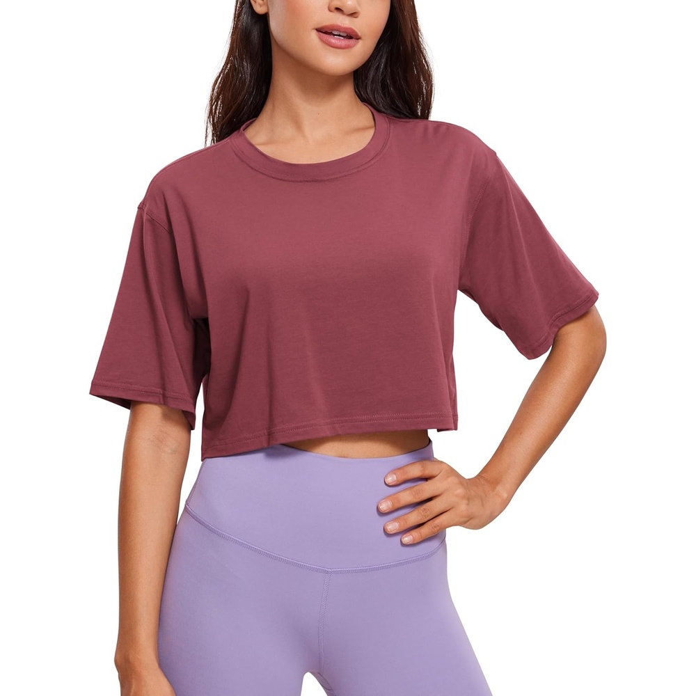 image:imageCRZ YOGA Pima Cotton Loose Crop TShirts for Women Workout Yoga Casual Athletic Running Short Sleeve Shirts Crewneck TopsMisty Merlot