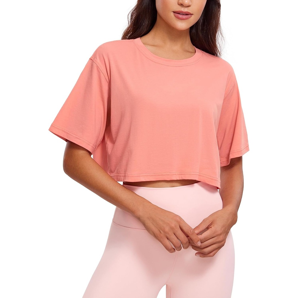 image:imageCRZ YOGA Pima Cotton Loose Crop TShirts for Women Workout Yoga Casual Athletic Running Short Sleeve Shirts Crewneck TopsPeach Pink