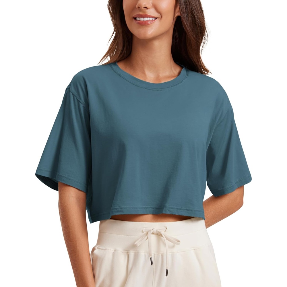 image:imageCRZ YOGA Pima Cotton Loose Crop TShirts for Women Workout Yoga Casual Athletic Running Short Sleeve Shirts Crewneck TopsSlate Blue