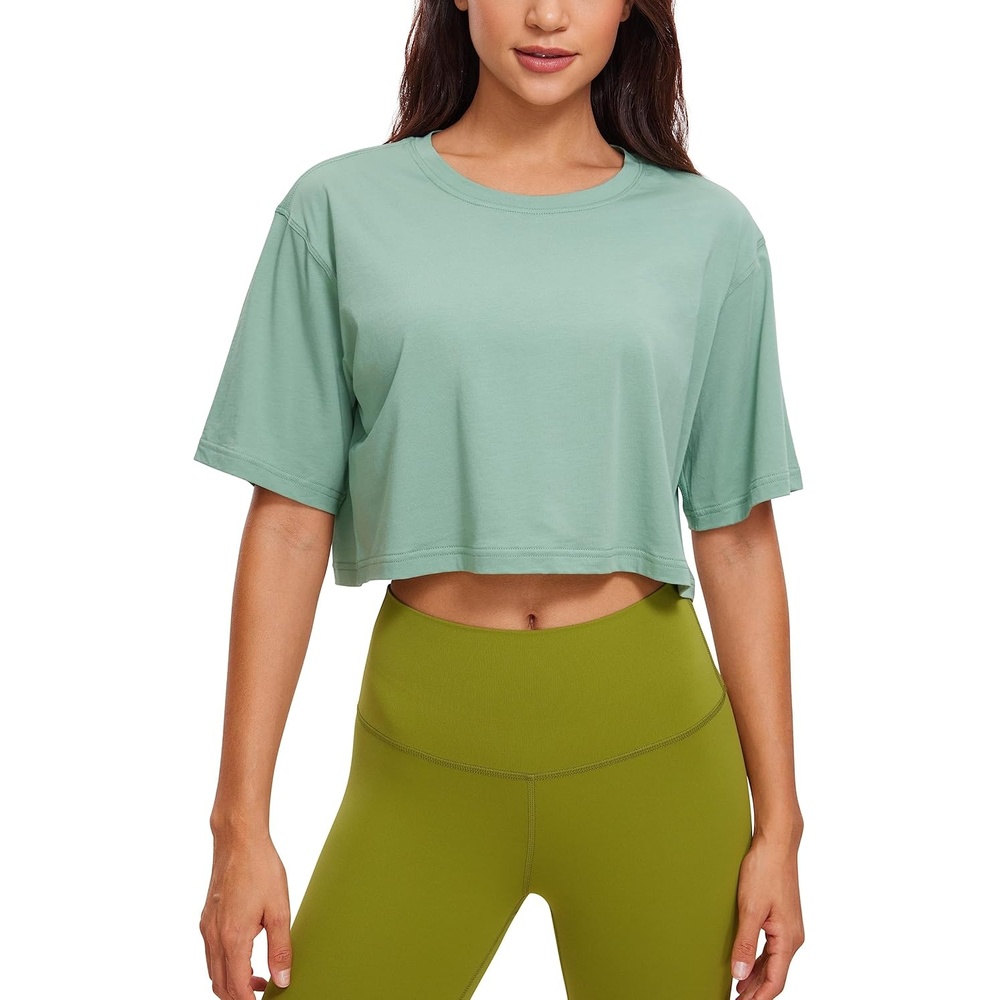 image:imageCRZ YOGA Pima Cotton Loose Crop TShirts for Women Workout Yoga Casual Athletic Running Short Sleeve Shirts Crewneck TopsSoft Seagrass
