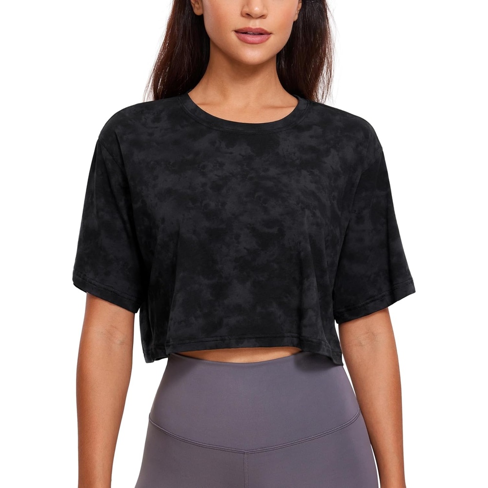 image:imageCRZ YOGA Pima Cotton Loose Crop TShirts for Women Workout Yoga Casual Athletic Running Short Sleeve Shirts Crewneck TopsTie Dye Smoke Ink