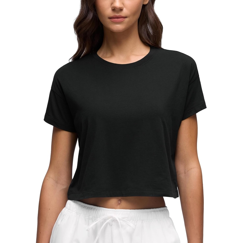 image:imageCRZ YOGA Pima Cotton Relaxed Crop TShirts for Women Workout Athletic Gym Casual Short Sleeve Shirts Loose Crewneck TopsBlack