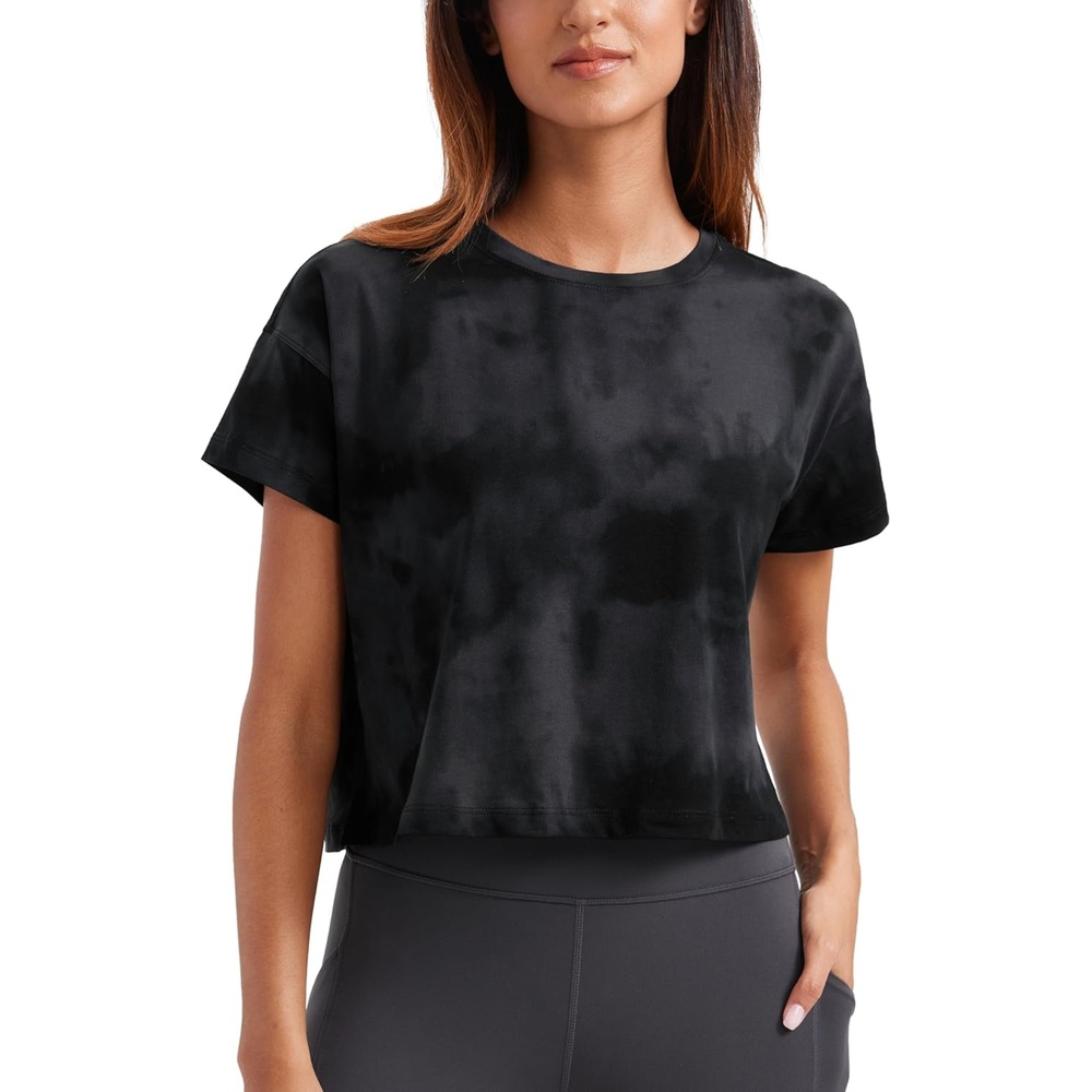 image:imageCRZ YOGA Pima Cotton Relaxed Crop TShirts for Women Workout Athletic Gym Casual Short Sleeve Shirts Loose Crewneck TopsBlack Tie Dye Flowers