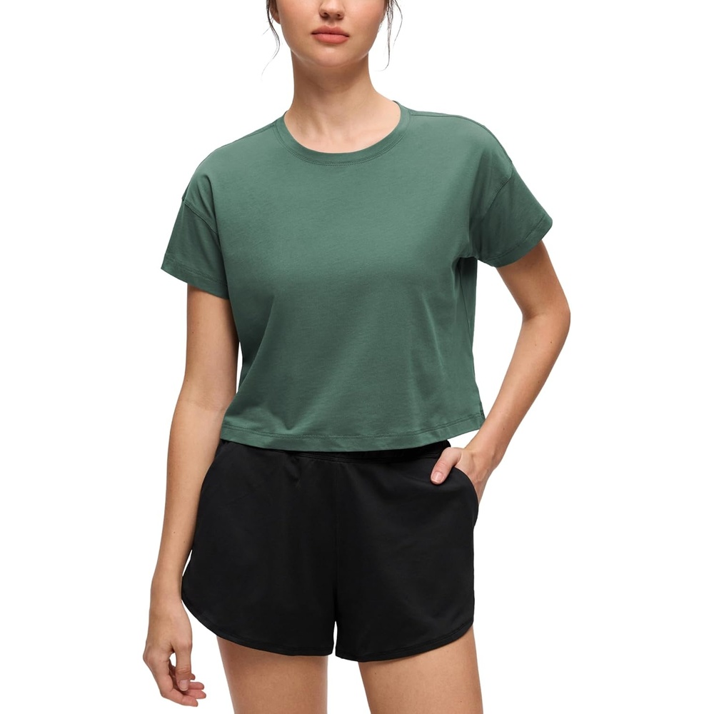 image:imageCRZ YOGA Pima Cotton Relaxed Crop TShirts for Women  Workout Athletic Gym Casual Short Sleeve Shirts Loose Crewneck TopsGraphite Green