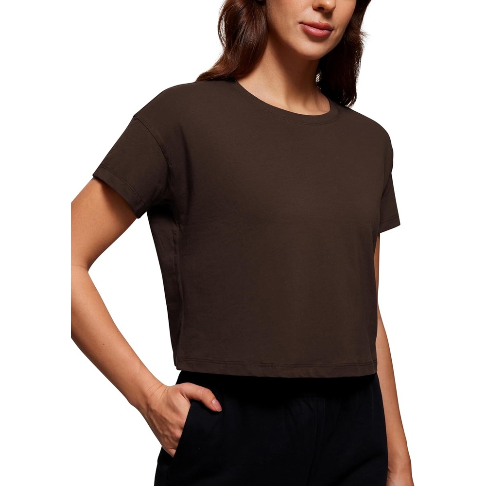image:imageCRZ YOGA Pima Cotton Relaxed Crop TShirts for Women Workout Athletic Gym Casual Short Sleeve Shirts Loose Crewneck TopsHot Fudge Brown