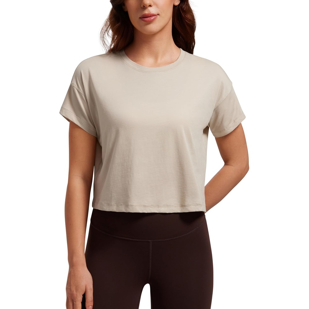 image:imageCRZ YOGA Pima Cotton Relaxed Crop TShirts for Women Workout Athletic Gym Casual Short Sleeve Shirts Loose Crewneck TopsMojave Tan