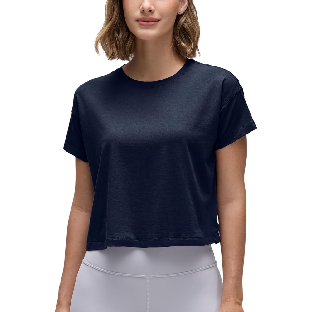 image:imageCRZ YOGA Pima Cotton Relaxed Crop TShirts for Women  Workout Athletic Gym Casual Short Sleeve Shirts Loose Crewneck TopsNavy