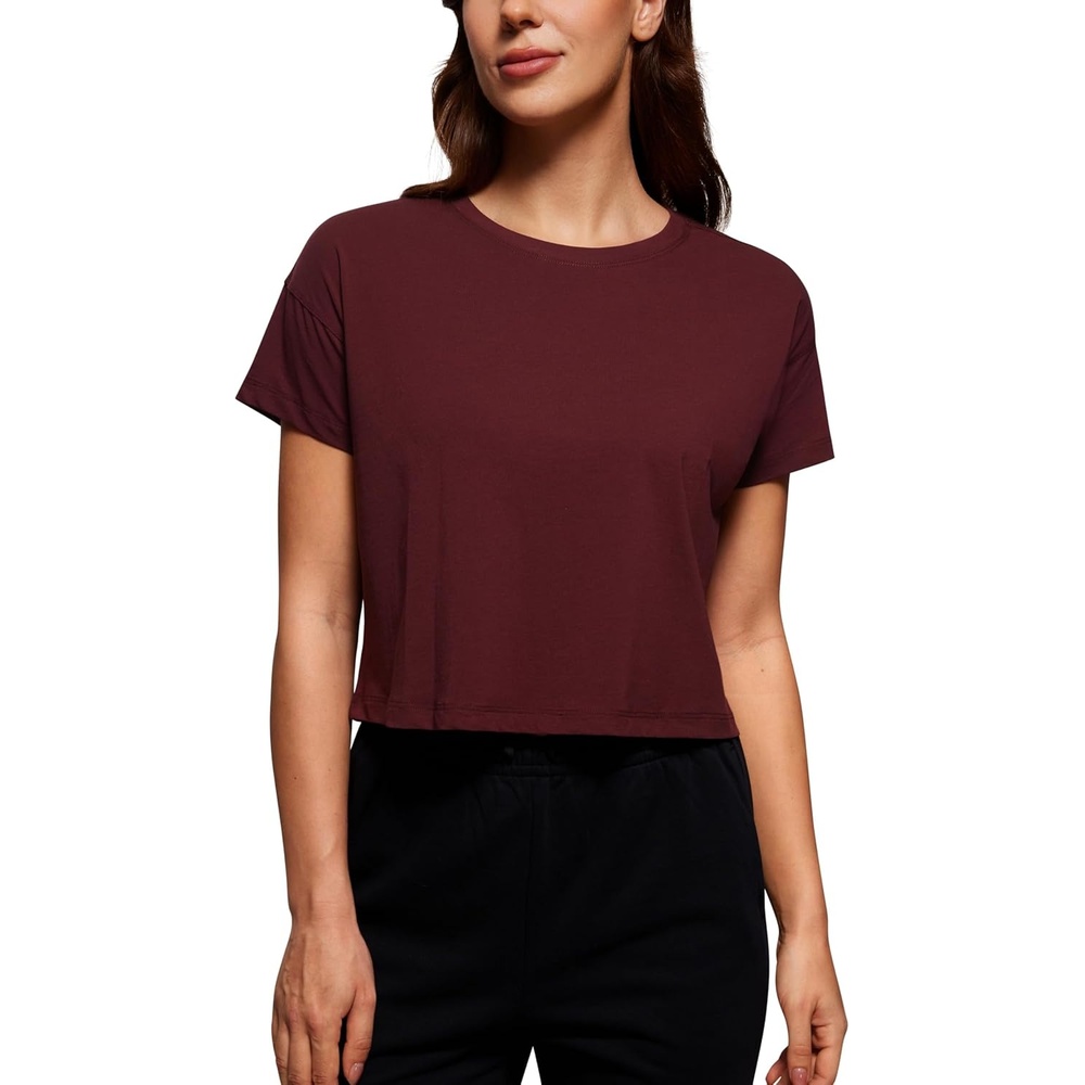 image:imageCRZ YOGA Pima Cotton Relaxed Crop TShirts for Women Workout Athletic Gym Casual Short Sleeve Shirts Loose Crewneck TopsRed Merlot