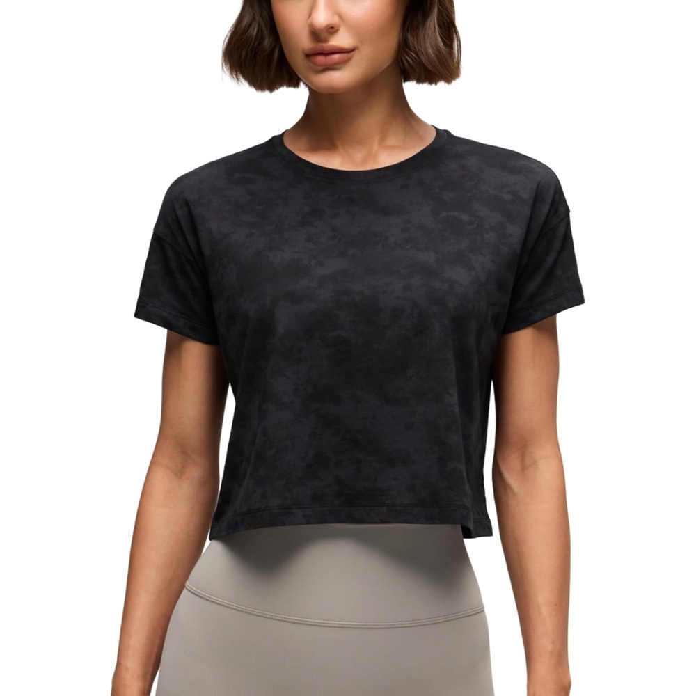 image:imageCRZ YOGA Pima Cotton Relaxed Crop TShirts for Women Workout Athletic Gym Casual Short Sleeve Shirts Loose Crewneck TopsTie Dye Smoke Ink