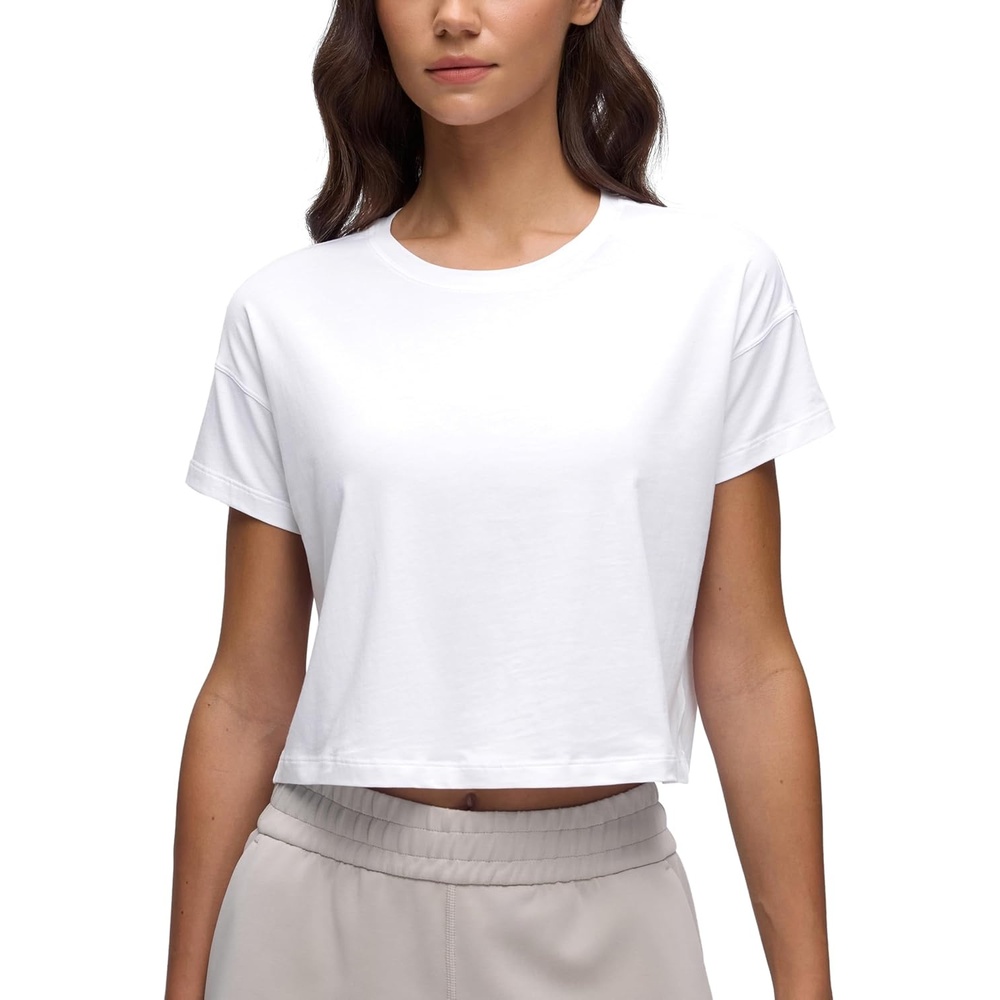 image:imageCRZ YOGA Pima Cotton Relaxed Crop TShirts for Women Workout Athletic Gym Casual Short Sleeve Shirts Loose Crewneck TopsWhite
