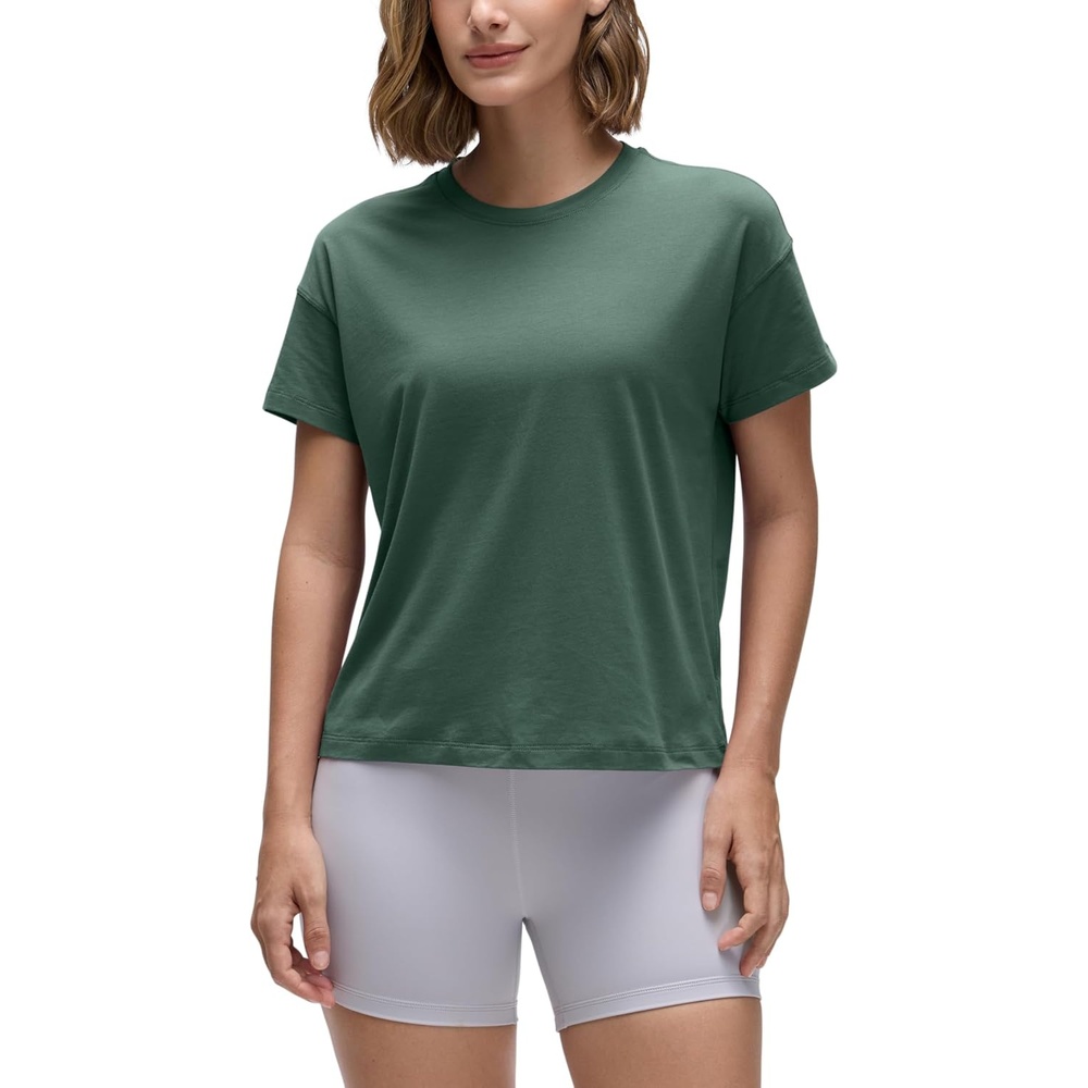 image:imageCRZ YOGA Pima Cotton Relaxed TShirts for Women Workout Athletic Gym Casual Short Sleeve Shirts Basic Crewneck Hip TopsGraphite Green