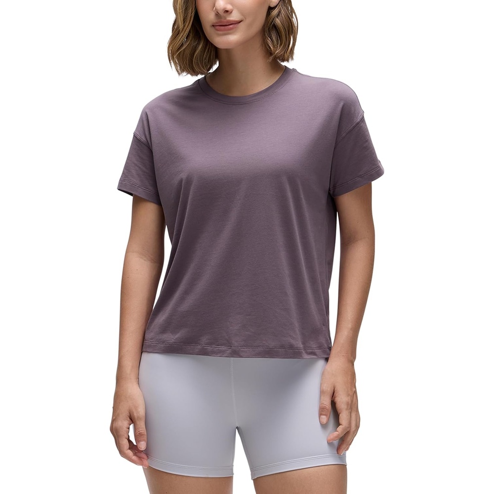 image:imageCRZ YOGA Pima Cotton Relaxed TShirts for Women Workout Athletic Gym Casual Short Sleeve Shirts Basic Crewneck Hip TopsPurple Gray