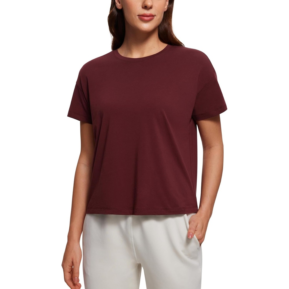 image:imageCRZ YOGA Pima Cotton Relaxed TShirts for Women Workout Athletic Gym Casual Short Sleeve Shirts Basic Crewneck Hip TopsRed Merlot