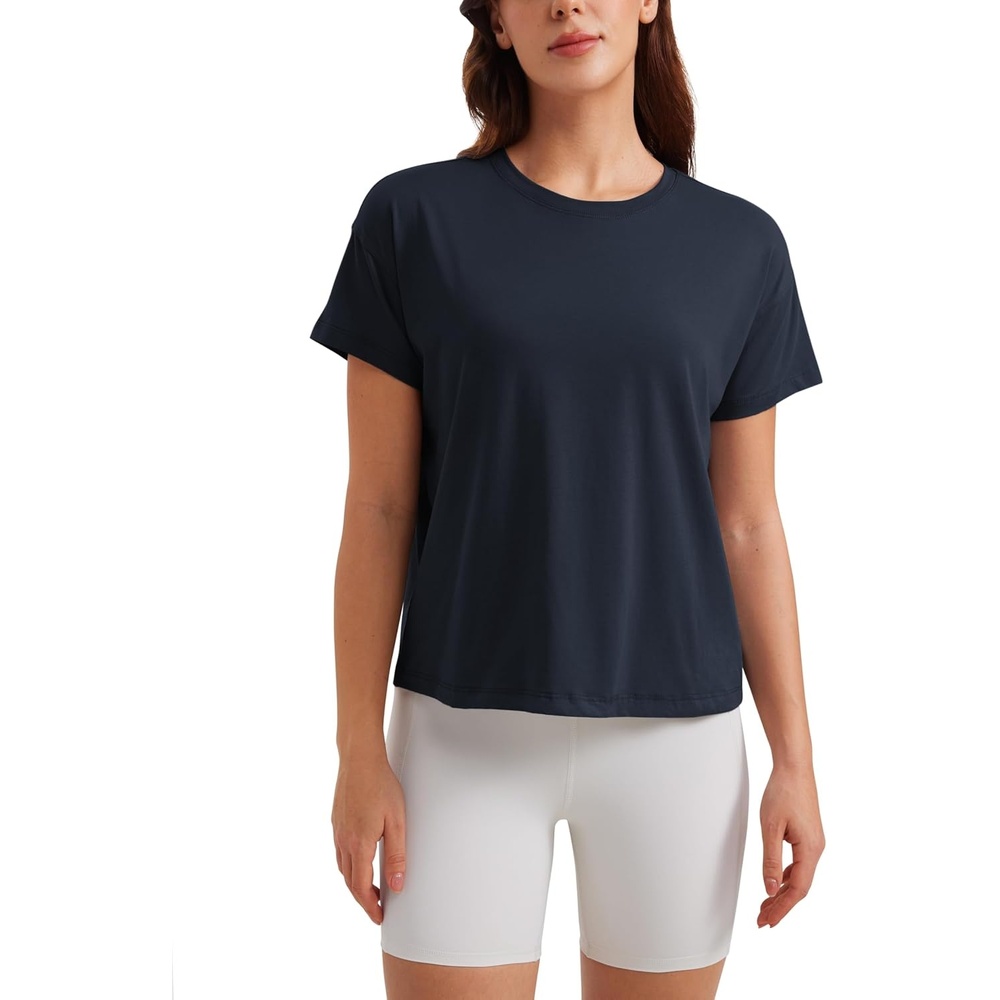 image:imageCRZ YOGA Pima Cotton Relaxed TShirts for Women Workout Athletic Gym Casual Short Sleeve Shirts Basic Crewneck Hip TopsTrue Navy