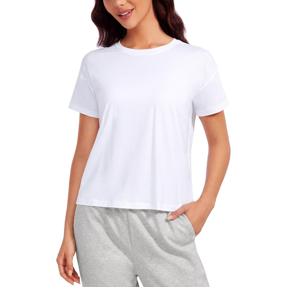 image:imageCRZ YOGA Pima Cotton Relaxed TShirts for Women Workout Athletic Gym Casual Short Sleeve Shirts Basic Crewneck Hip TopsWhite