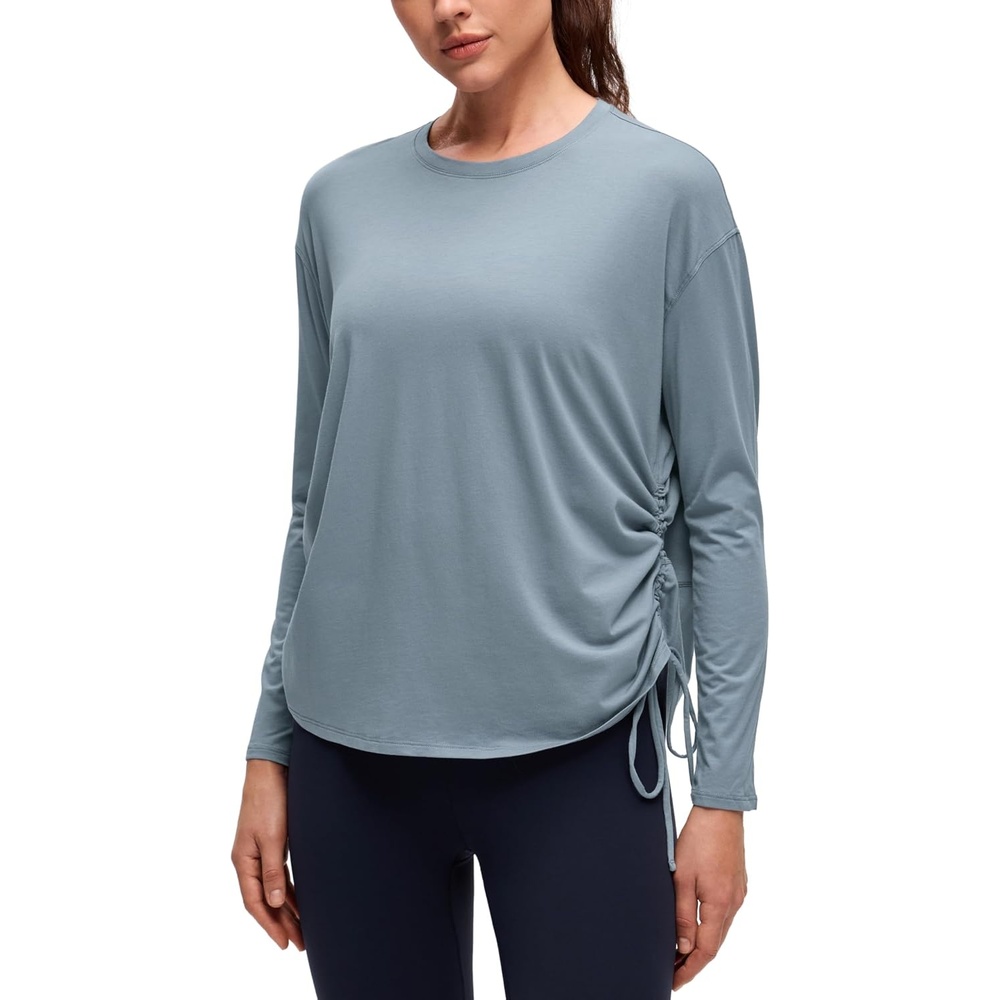 image:imageCRZ YOGA Pima Cotton Side Ruched Shirts for Women Casual Workout Yoga Long Sleeve Tops Loose Crewneck Soft Comfort TShirtsBelgian Blue