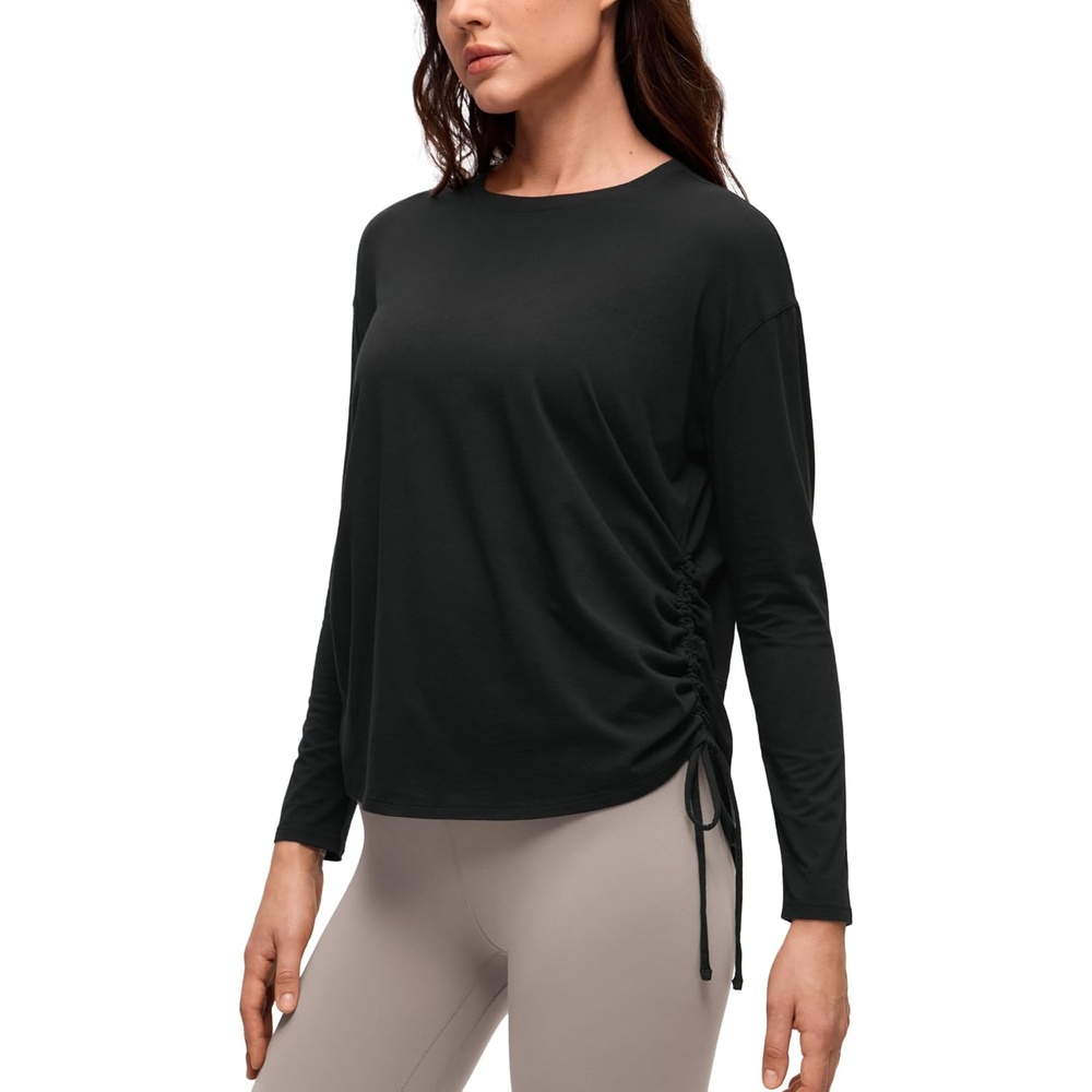 image:imageCRZ YOGA Pima Cotton Side Ruched Shirts for Women Casual Workout Yoga Long Sleeve Tops Loose Crewneck Soft Comfort TShirtsBlack