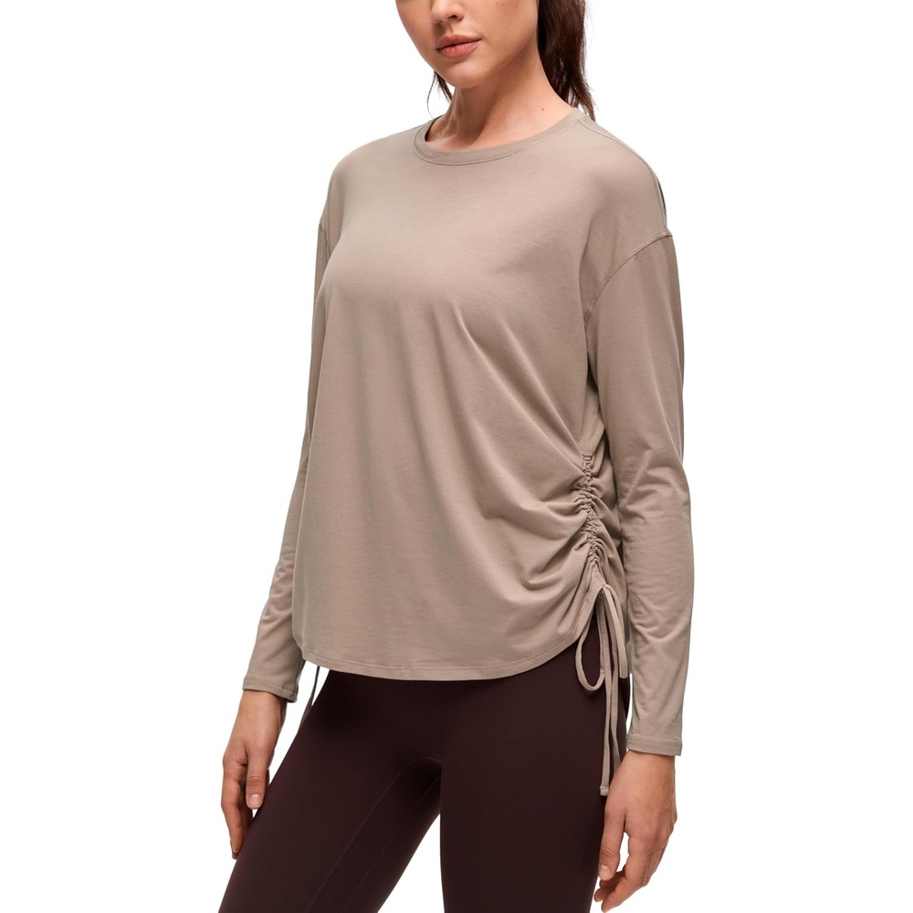 image:imageCRZ YOGA Pima Cotton Side Ruched Shirts for Women Casual Workout Yoga Long Sleeve Tops Loose Crewneck Soft Comfort TShirtsMortar Color