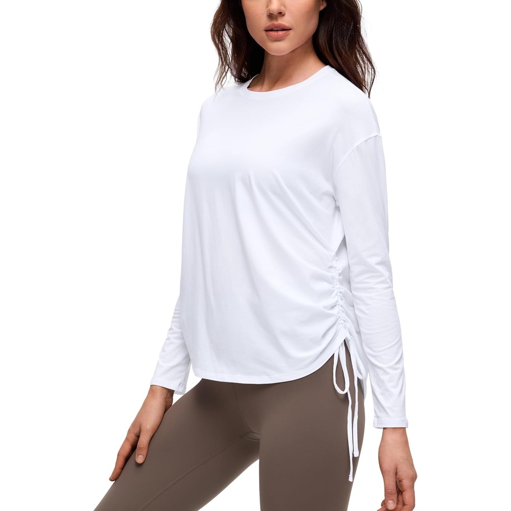 image:imageCRZ YOGA Pima Cotton Side Ruched Shirts for Women Casual Workout Yoga Long Sleeve Tops Loose Crewneck Soft Comfort TShirtsWhite