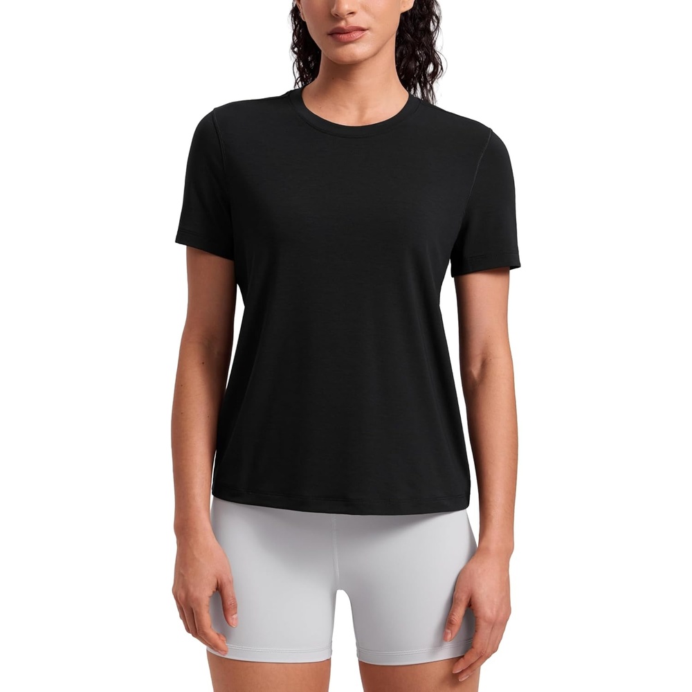 image:imageCRZ YOGA Quick Dry Workout Tops for Women Hip Length Athletic Running Gym Yoga Short Sleeve Shirts Crewneck Basic TeesBlack