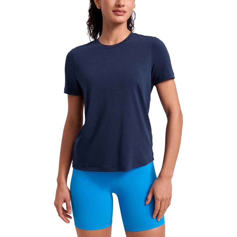 image:imageCRZ YOGA Quick Dry Workout Tops for Women Hip Length  Athletic Running Gym Yoga Short Sleeve Shirts Crewneck Basic TeesClub Blue