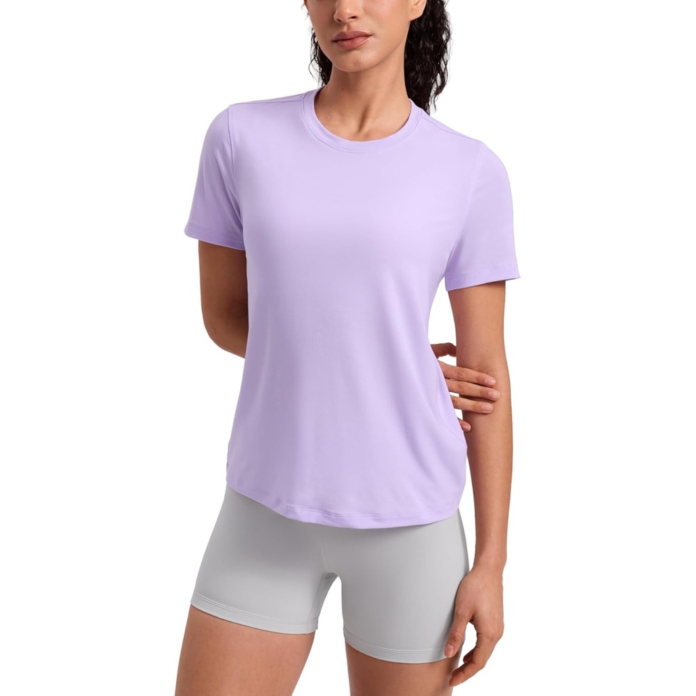 image:imageCRZ YOGA Quick Dry Workout Tops for Women Hip Length Athletic Running Gym Yoga Short Sleeve Shirts Crewneck Basic TeesLavender Frost