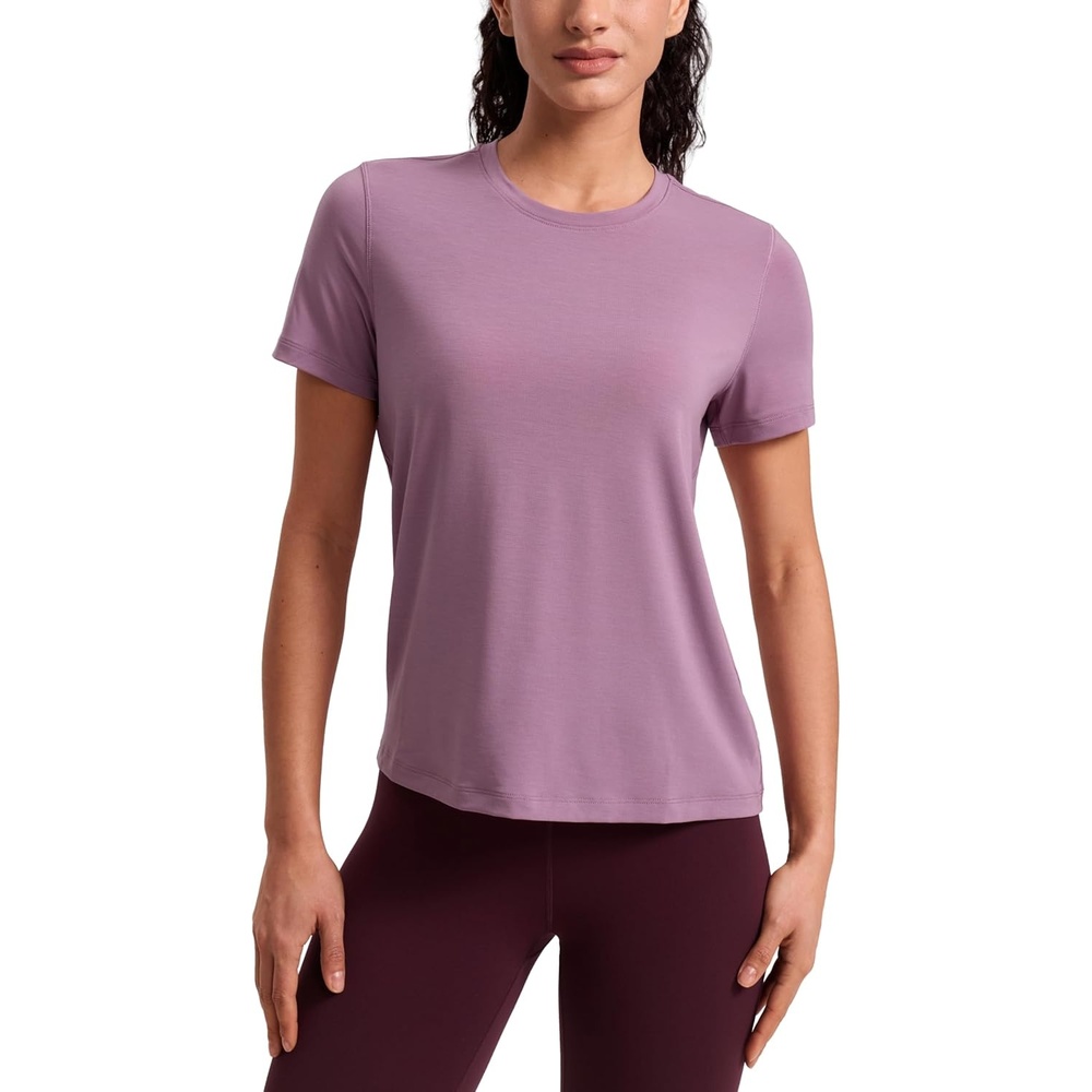 image:imageCRZ YOGA Quick Dry Workout Tops for Women Hip Length Athletic Running Gym Yoga Short Sleeve Shirts Crewneck Basic TeesLight Lavender