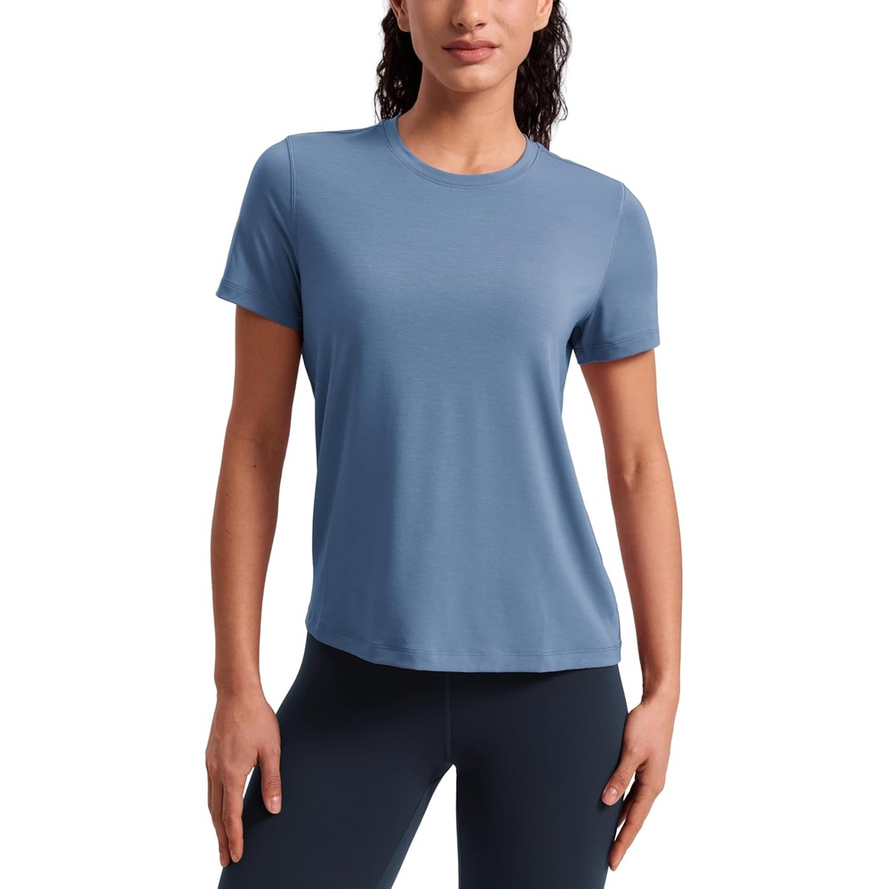 image:imageCRZ YOGA Quick Dry Workout Tops for Women Hip Length Athletic Running Gym Yoga Short Sleeve Shirts Crewneck Basic TeesWashed Denim