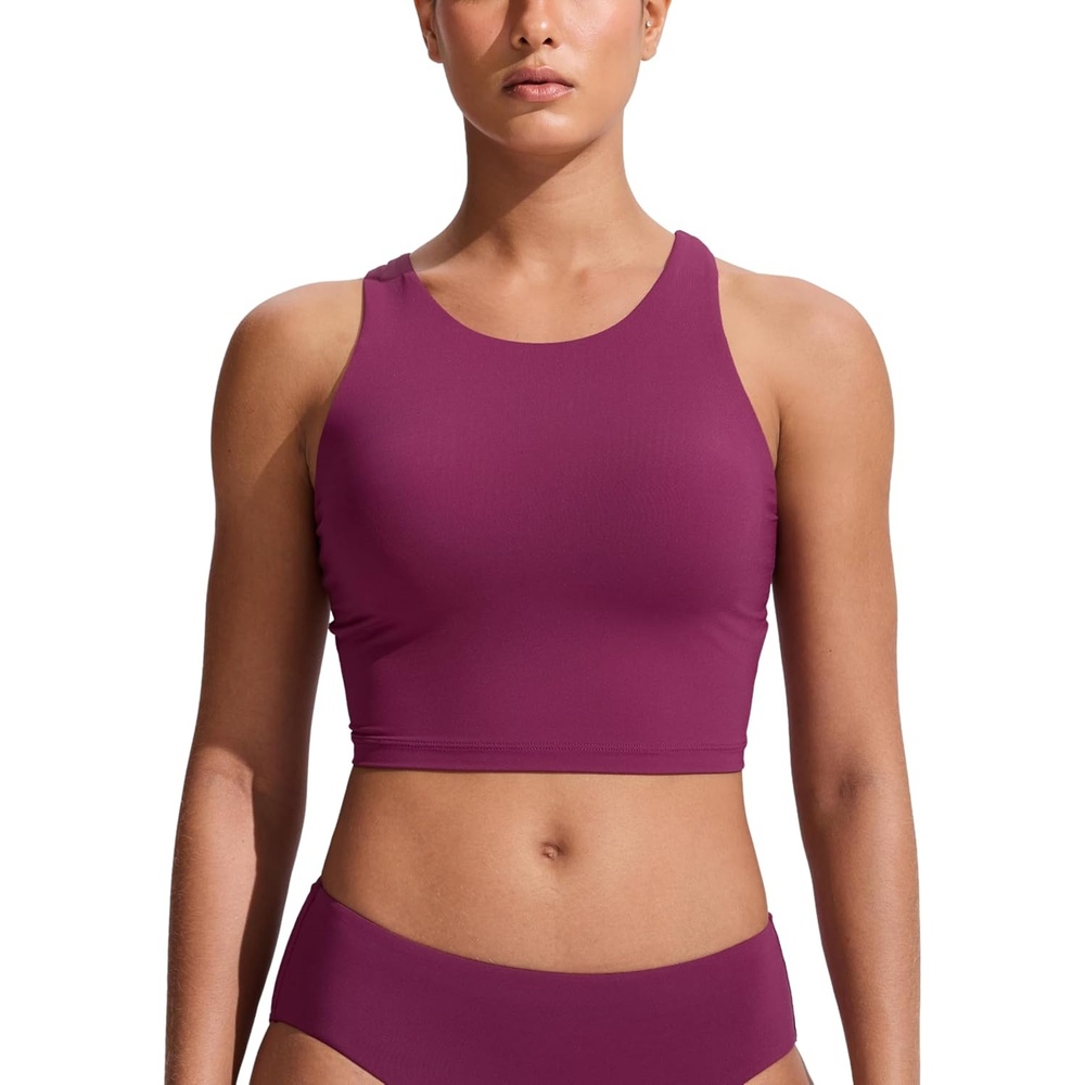 image:imageCRZ YOGA Racerback Bikini Tops for Women Padded High Neck Modest Swim Sports Bathing BraFuchsia