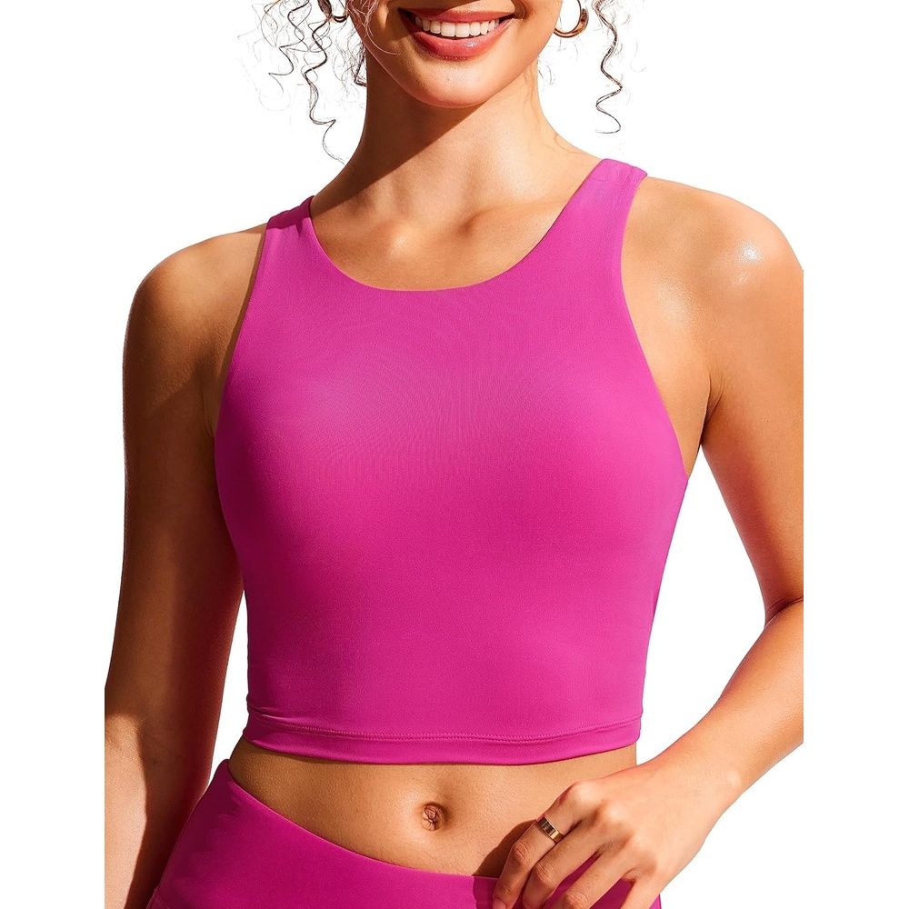 image:imageCRZ YOGA Racerback Bikini Tops for Women Padded High Neck Modest Swim Sports Bathing BraHibiscus Purple